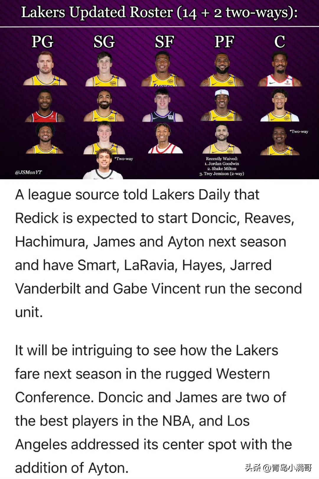 雷迪克新赛季首发安排！！！湖人首发阵容进攻力十足！

根据媒体Lakers Da