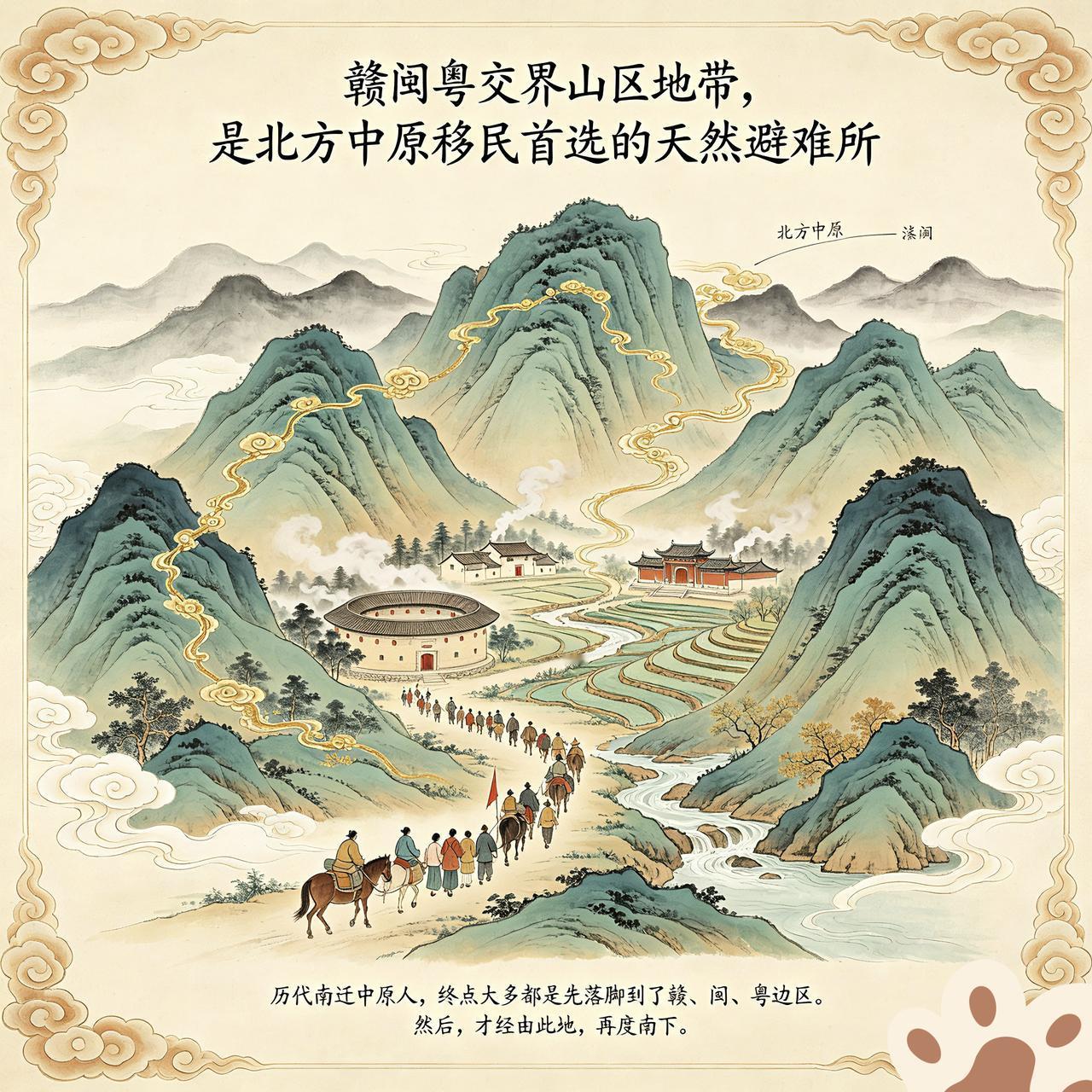 历代南迁中原人，终点大多都是先落脚到了赣、闽、粤边区。然后，才经由此地，再度南下