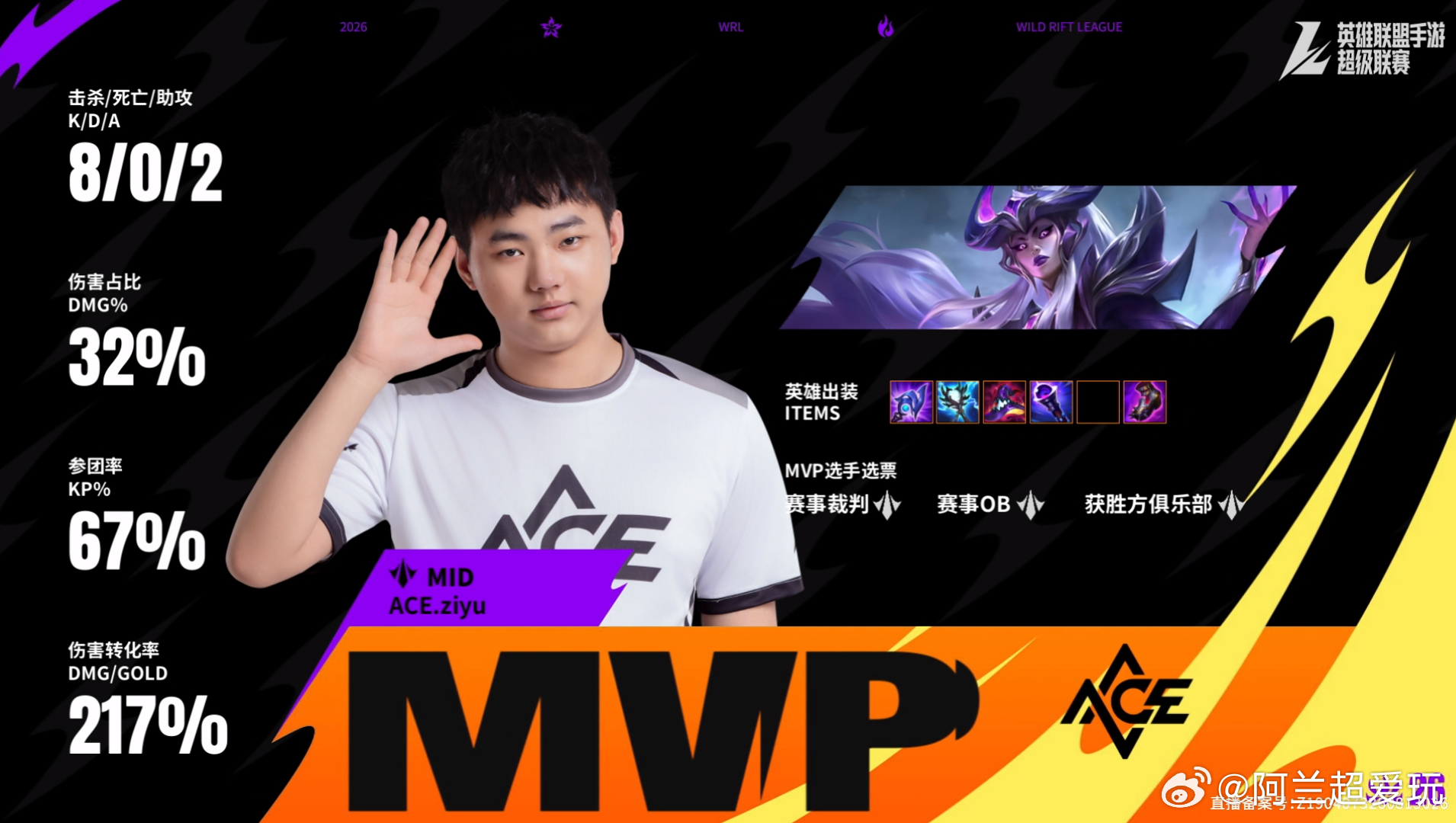 首局MVP出炉📢！ACE.ziyu使用辛德拉拿下本局最佳。对线持续施压，团战精