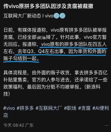 呵~手机大厂VIVO的PDD电商团队因为贪腐被全锅端了。[衰]
是不是侧面说明P