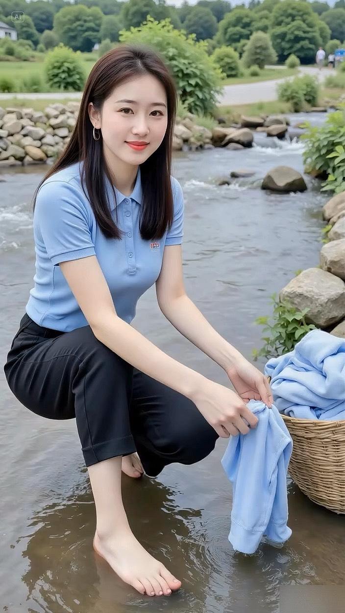 勤劳人又美，
环境更优美。
河边洗衣衫，
苦累无怨悔。