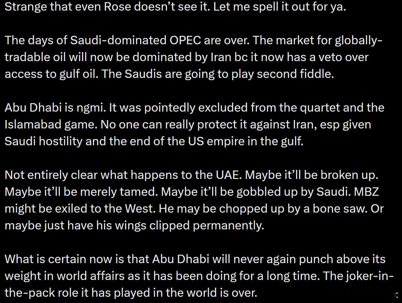 你看，是不是英雄所见略同？很多人对中东完全不了解。⬇️美国专家：MBZ可能变成电