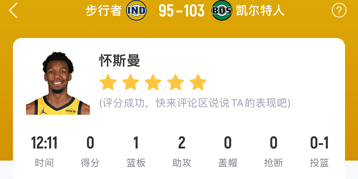 中规中矩，卡位掩护有点进步，下场加油！（比上场好一点，这场没怎么低位要球）上半场