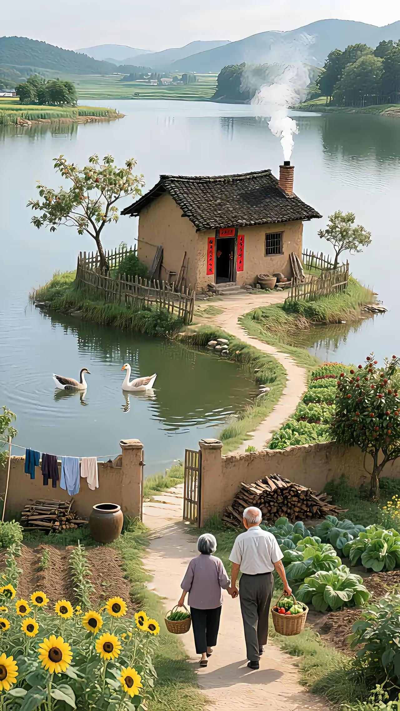田园风光，老夫妻手牵手，采摘新鲜蔬果，生活美好如画。（A丨美图）