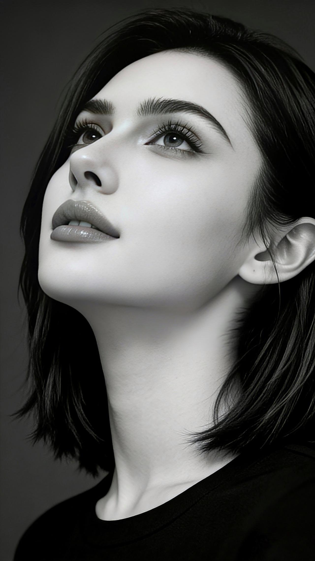 九帧灰调定格知性美。乌发利落如墨，眼波藏星，眉峰清冽，唇染淡雅。黑衣衬得颈线如诗