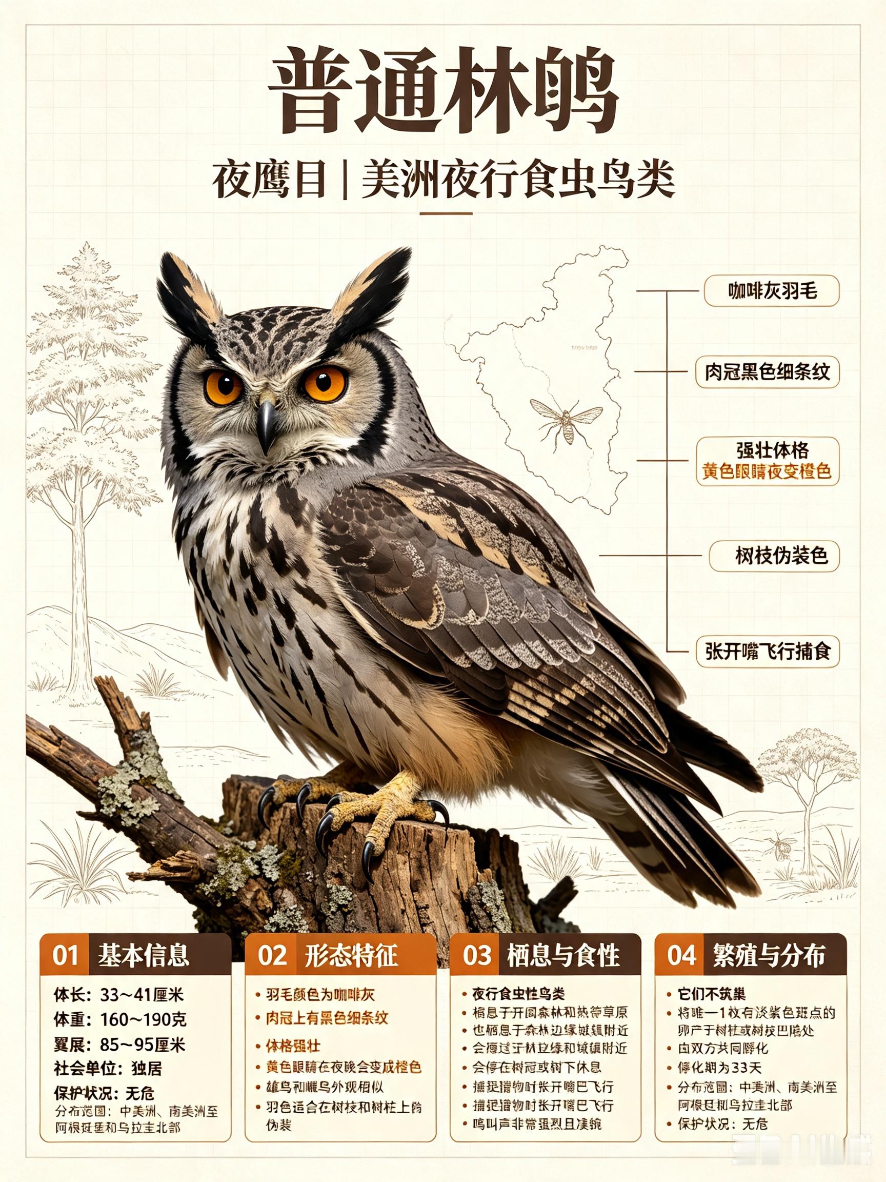 鸟类朋友图鉴 普通林鸱体长：33~41 厘米体重：160~190 克翼展：85~