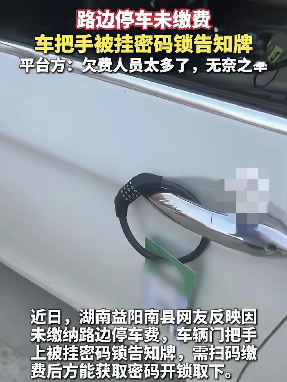湖南益阳一路边智慧停车位，有网友反映车辆被相关部门挂上了密码锁牌在门把手上。平台