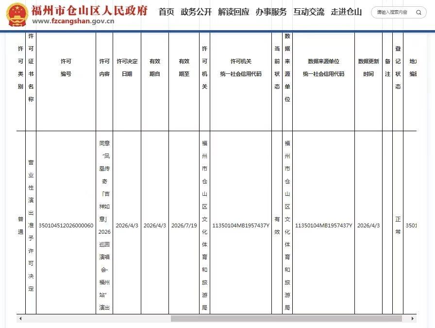 凤凰传奇“吉祥如意”2026巡回演唱会-福州站通过审批！
