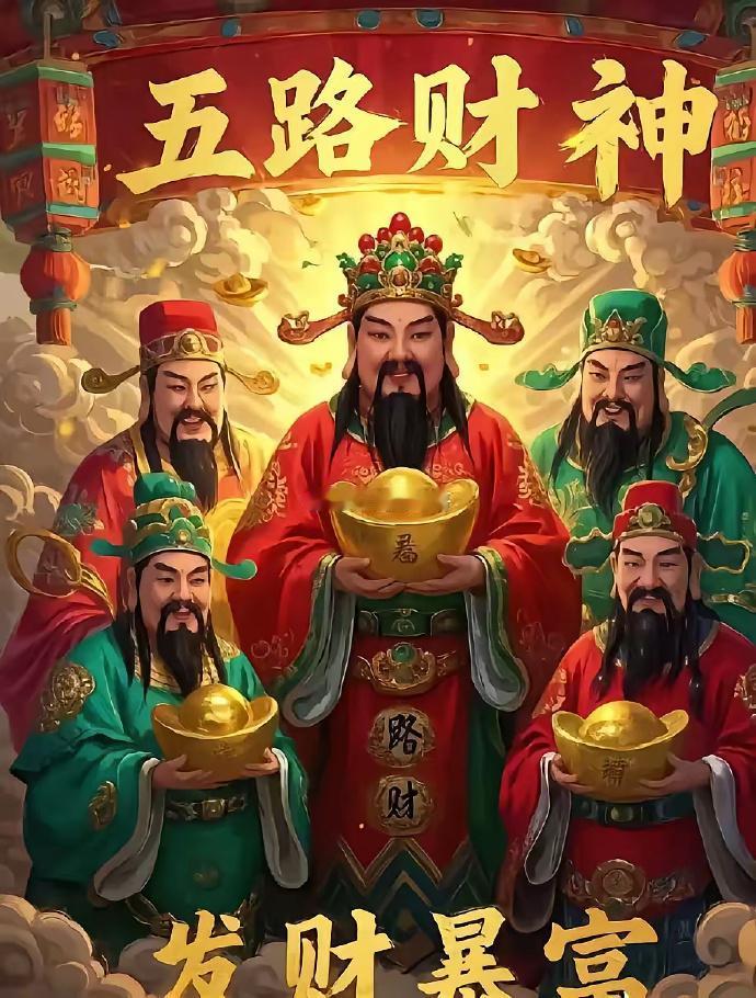 • 大五路财神：东路比干、南路柴荣（或范蠡）、西路关羽、北路赵公明、中路王亥。