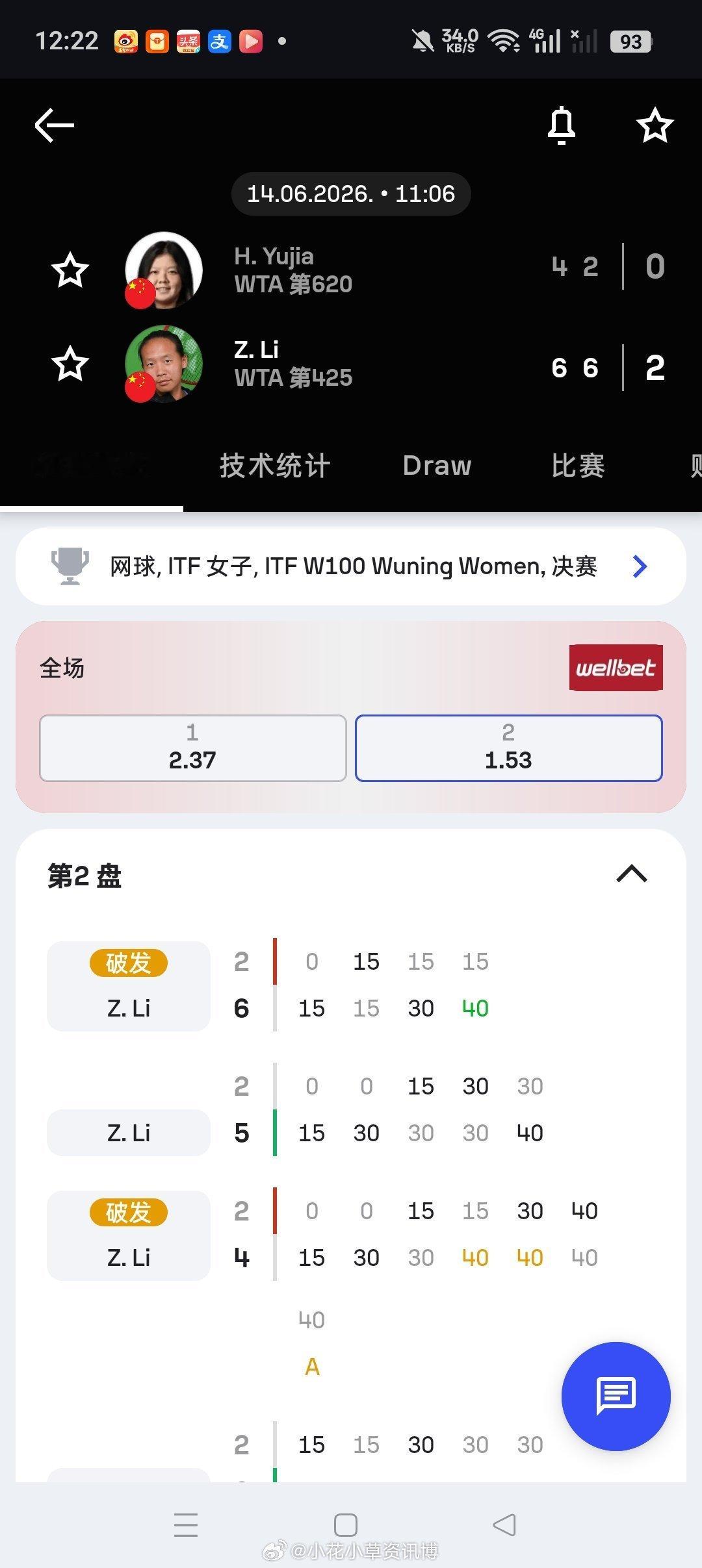 小花小草资讯 【🇨🇳武宁W100】女单决赛[Q]🇨🇳李宗钰6-4/6-2