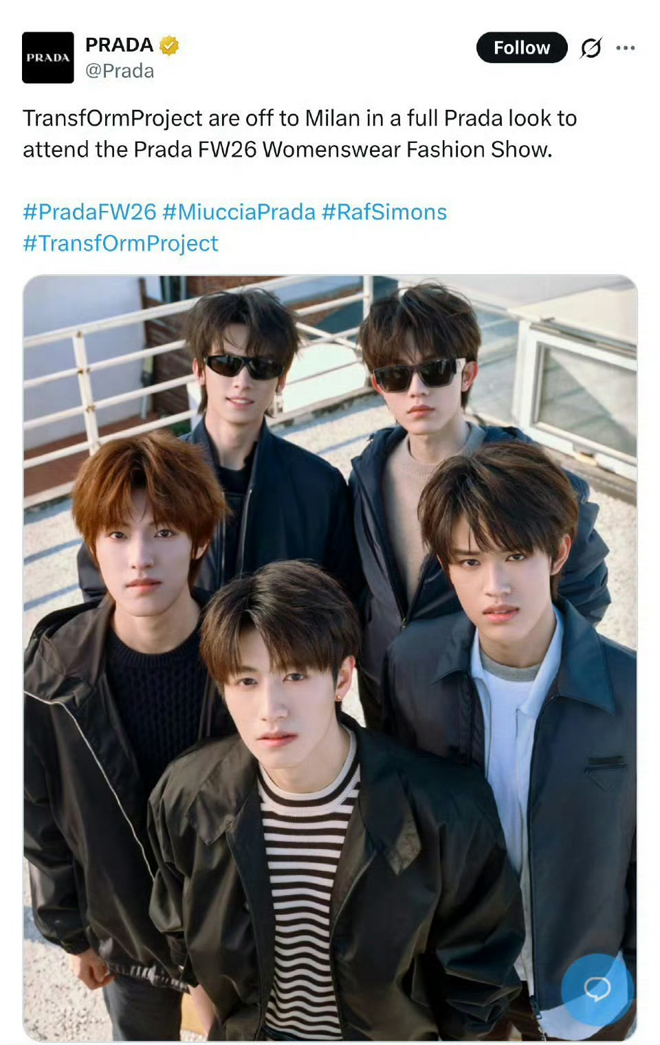 Prada海外官方认领登陆少年 Prada海外官方账号发布TOP登陆少年朱志鑫、