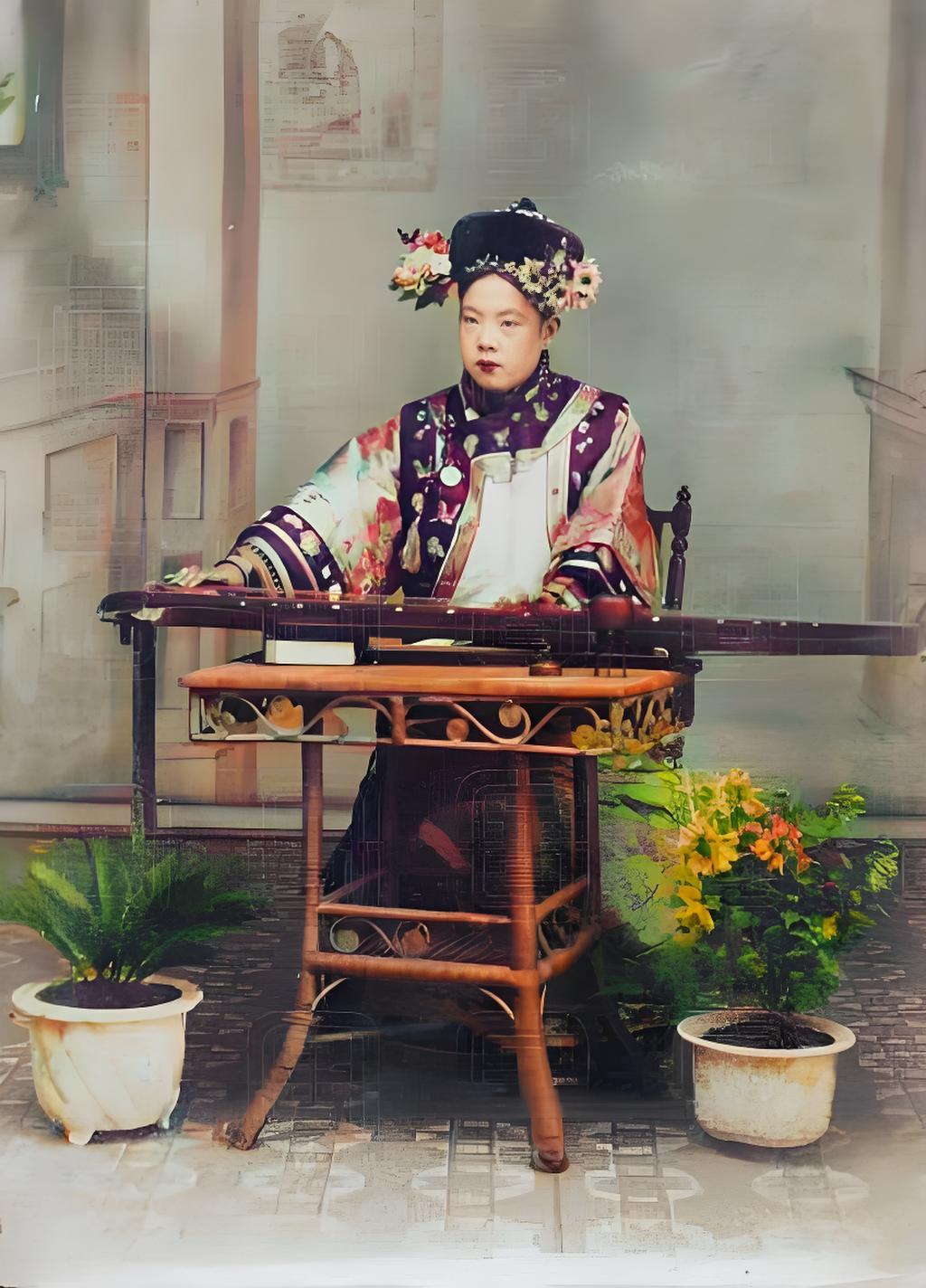 这是一张极具年代感的老照片，画面中，一位身着晚清满族传统旗装的女性居于中央。她头