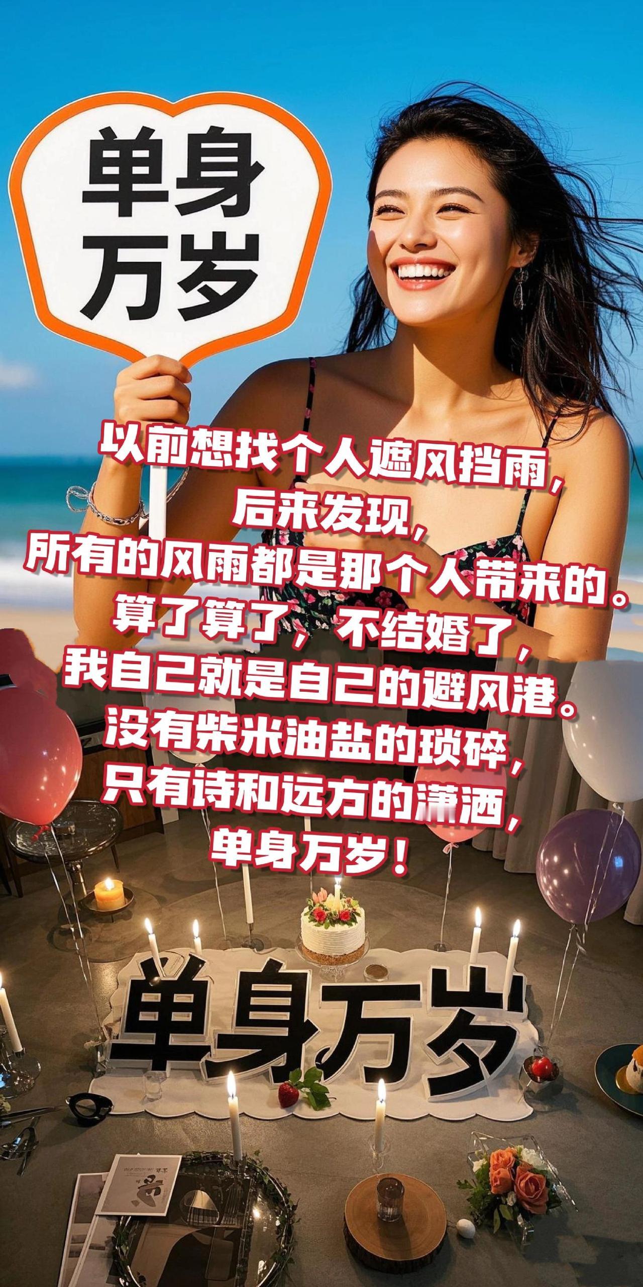 以前想找个人遮风挡雨，后来发现，所有的风雨都是那个人带来的。算了算了，不结婚了，