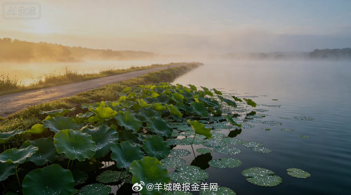 #早安# 晨光照亮夏末的湖边小路，荷叶还沾着昨夜的水珠，微风穿过水面，送来淡淡的