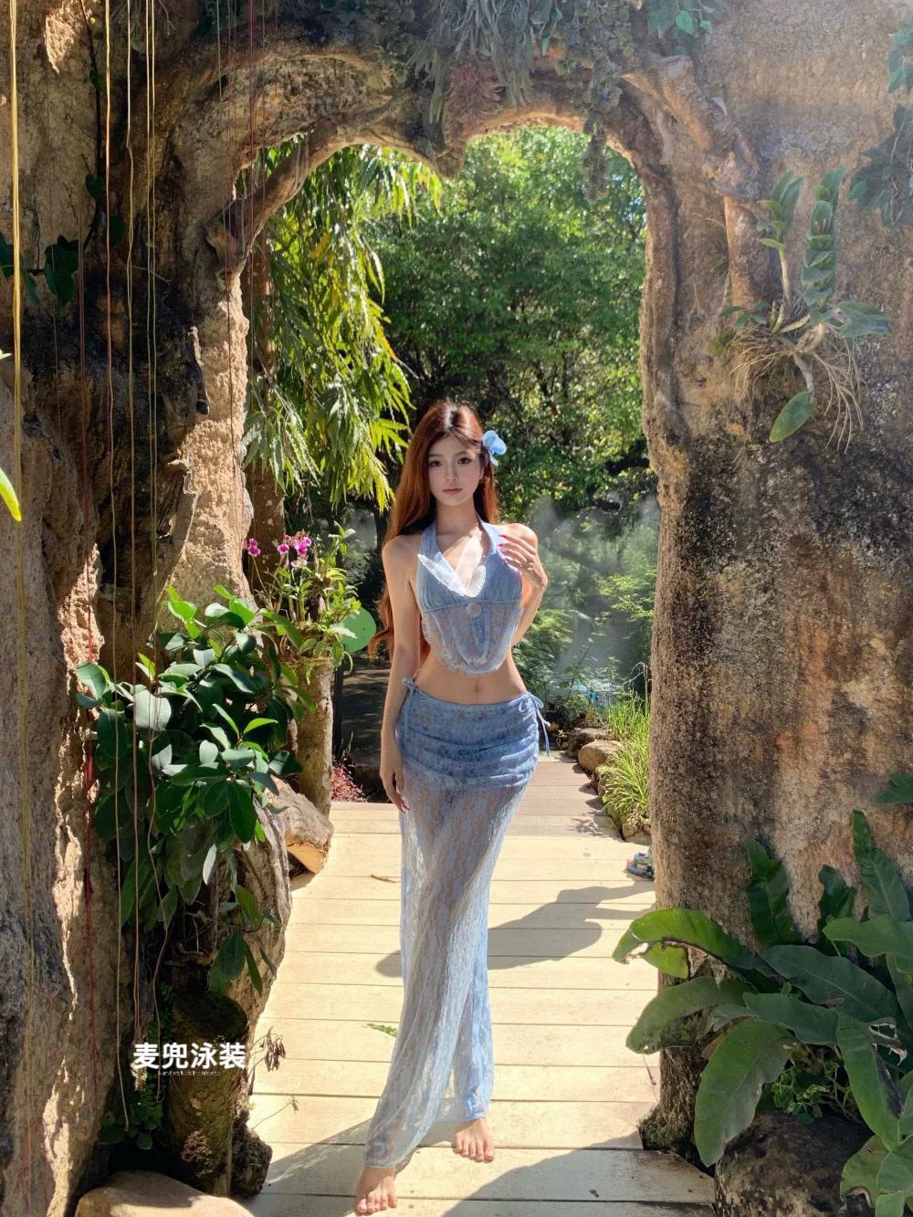 蓝调蕾丝挂脖泳衣👙长裙仙气飘飘显白又高级度假风泳装美女 比基尼度假穿搭 紫色比