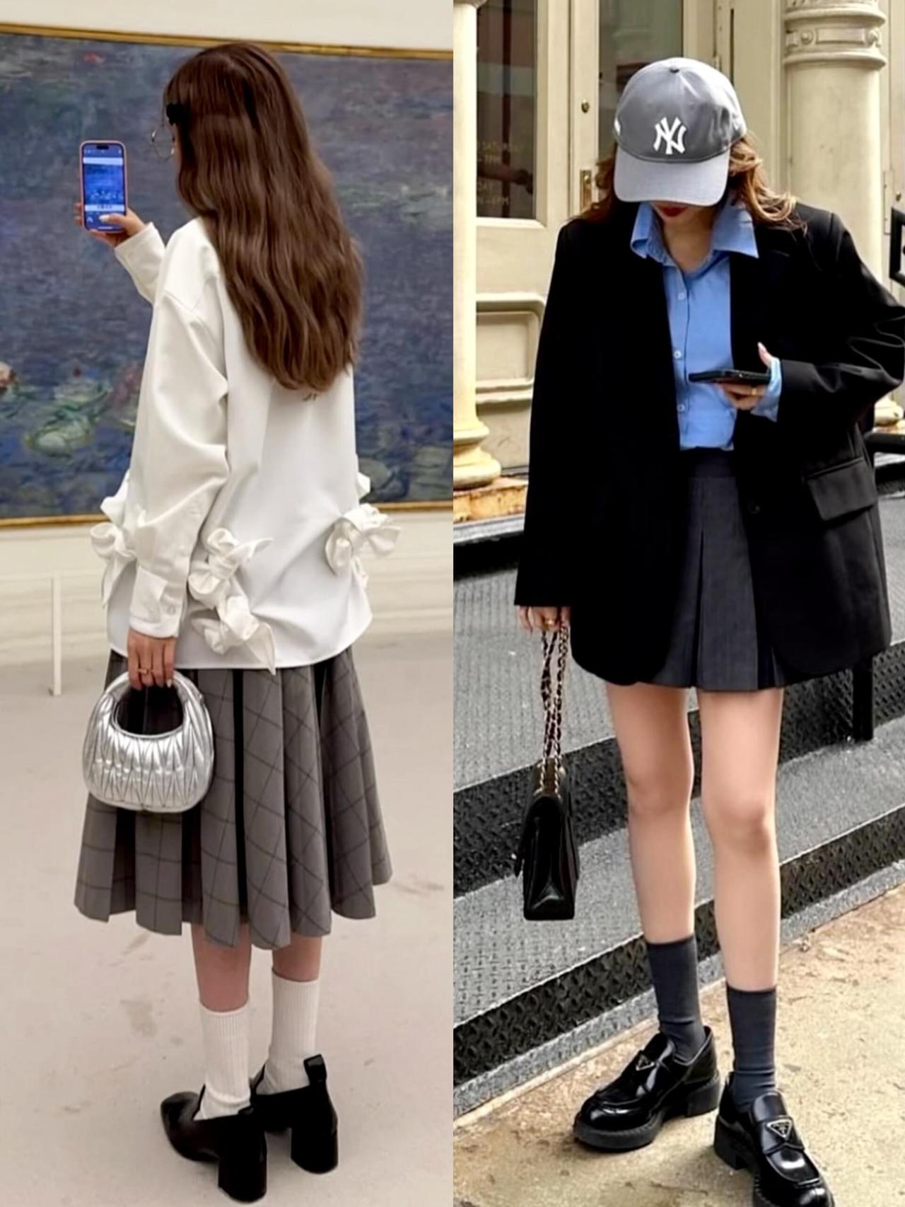 谁懂啊！这组美式学院风穿搭直接戳中少女心！
清爽蓝衬衫搭配百褶裙，或是overs