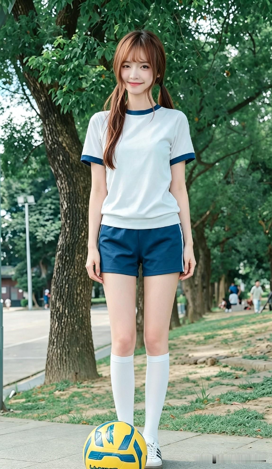 扎双马尾抱足球的校服少女，踩球歪头浅笑，路人看愣了

以为球场穿搭平平无奇。
