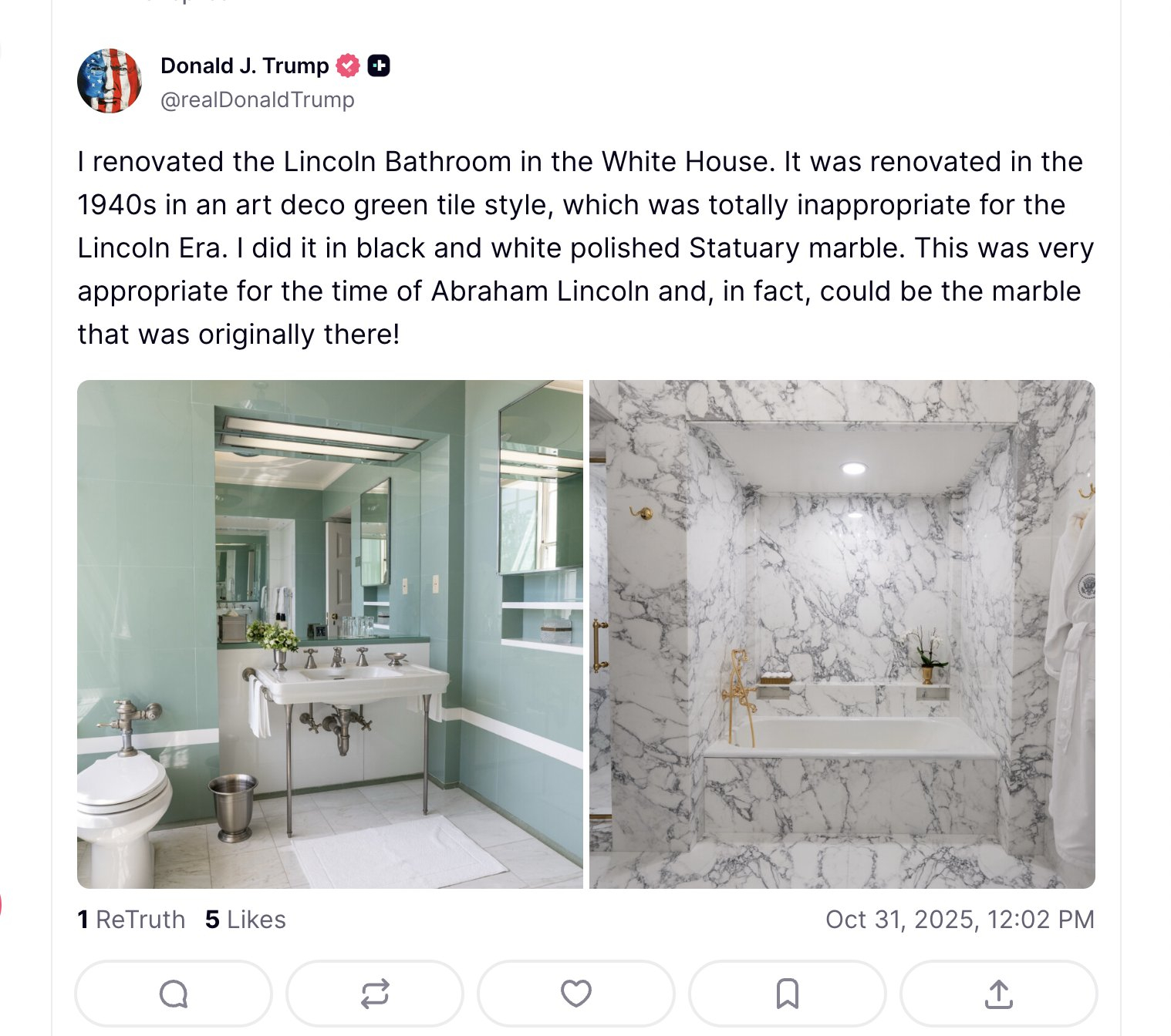 🔻当然，4000万美国人或许吃不上饭也看不了医生，但瞧瞧特朗普新装的华丽大理石