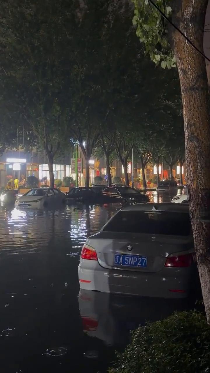 沈阳这大暴雨，我已经把车淹一半了，这水老深了，都没我膝盖了。