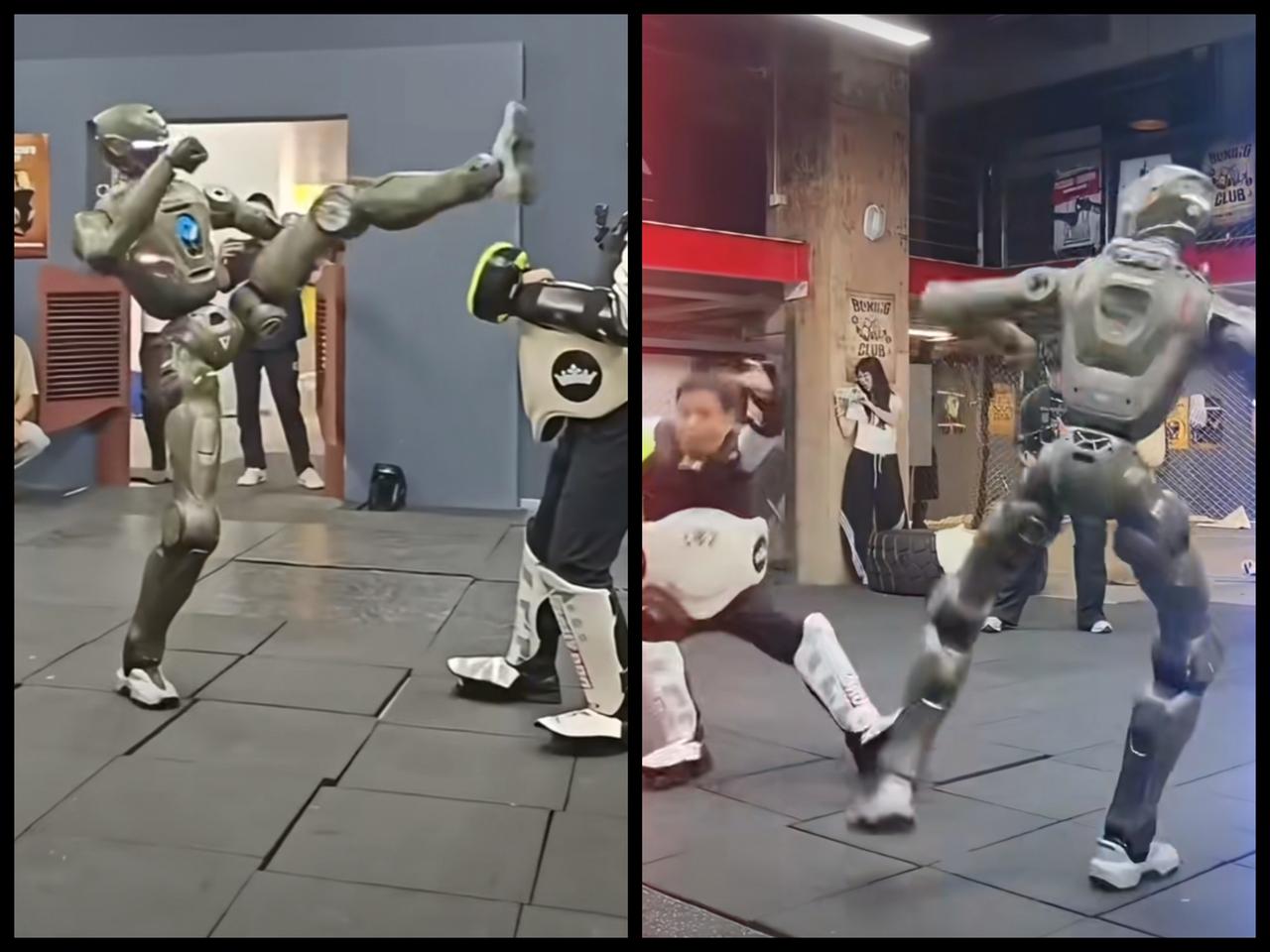 人类历史上头一个被机器人踢飞的老板[捂脸]现场员工笑得都绷不住了，众擎t800机