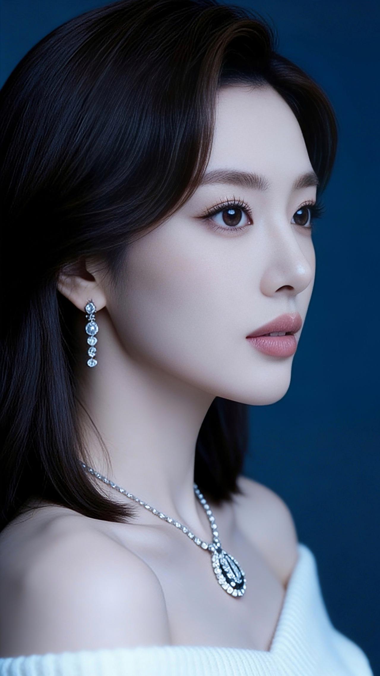 九帧同绘白衫雅仙。乌黑深棕发垂落漾柔光，白露肩毛衣衬雪肌。钻石项链耳环耀华彩，深