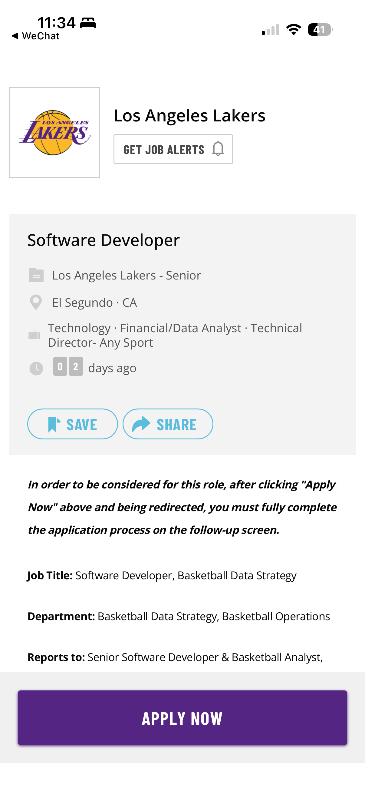 湖人在招聘软件开发，年薪16万到17.5万。核心职责：负责开发篮球运营数据平台与