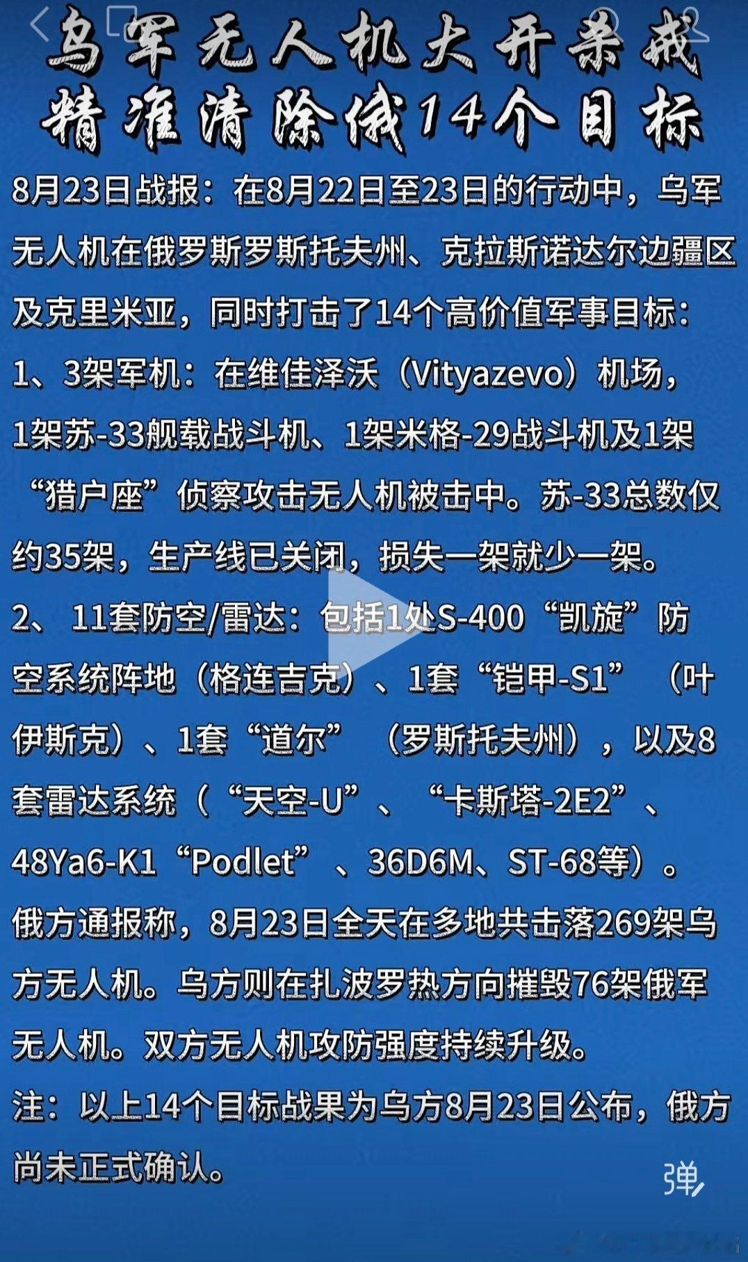 乌俄战争日报第1643天       8月23日，乌远程无人机首次袭击距乌边境约