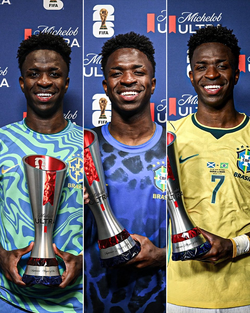 HalaMadrid  威尼修斯·儒尼奥尔，巴西队连续三场FIFA比赛最佳球员—