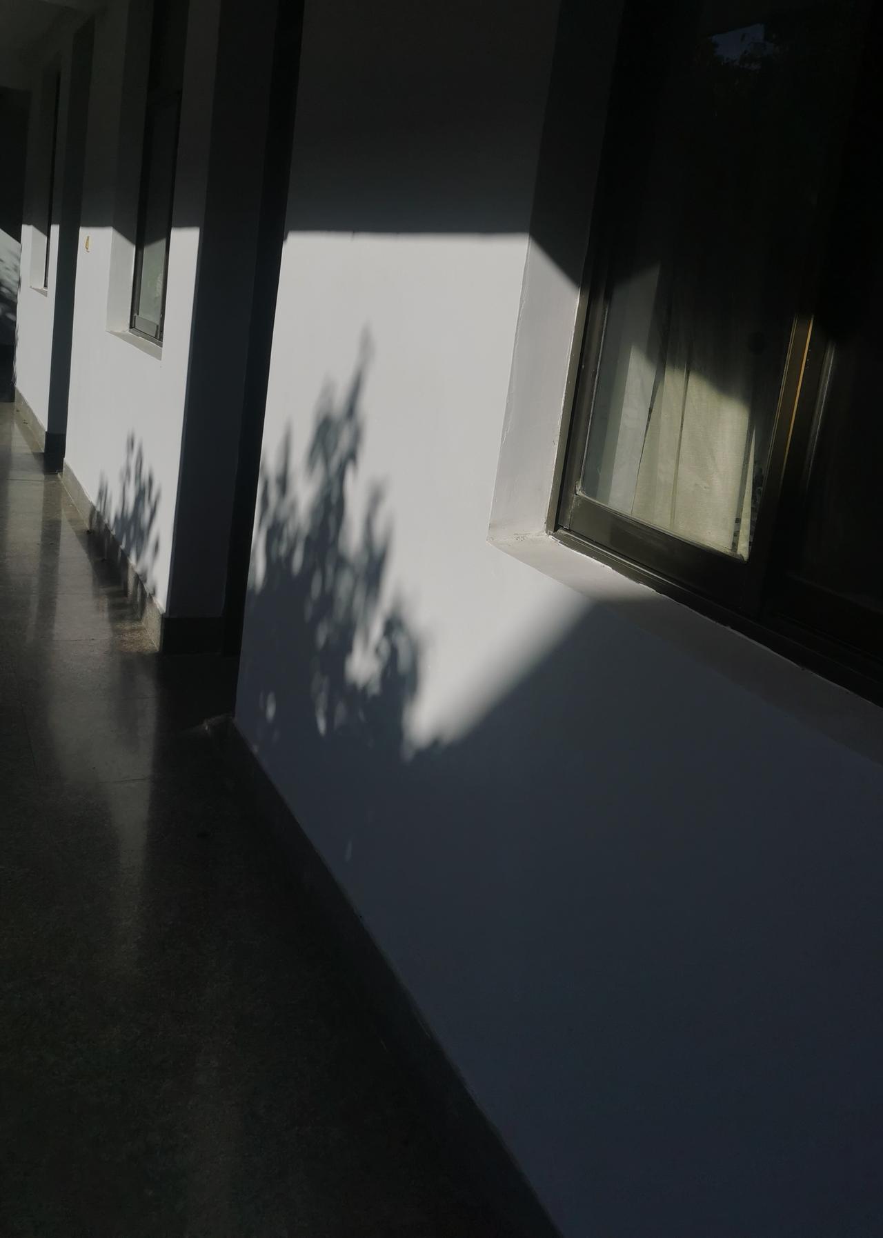 这应该就是李贺笔下“云楼半天壁斜白”的景象吧。一早到办公室，看到阳光被二楼的楼层