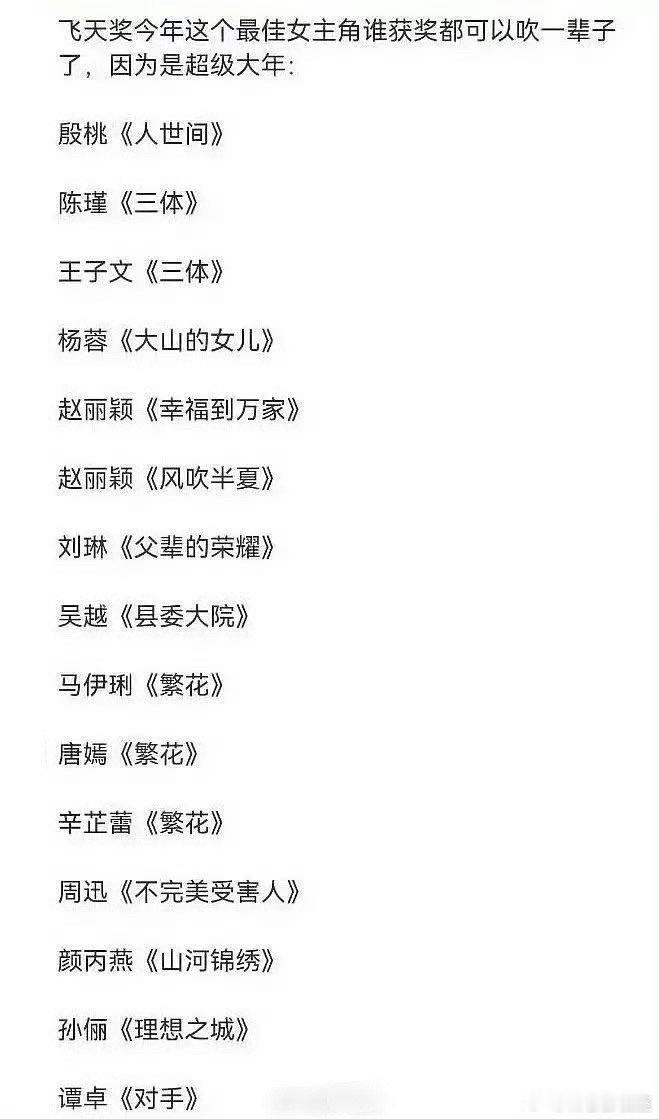 #你期待哪部作品获飞天奖# 这届飞天奖是大年：《人世间》 殷桃 《三体》王子文 