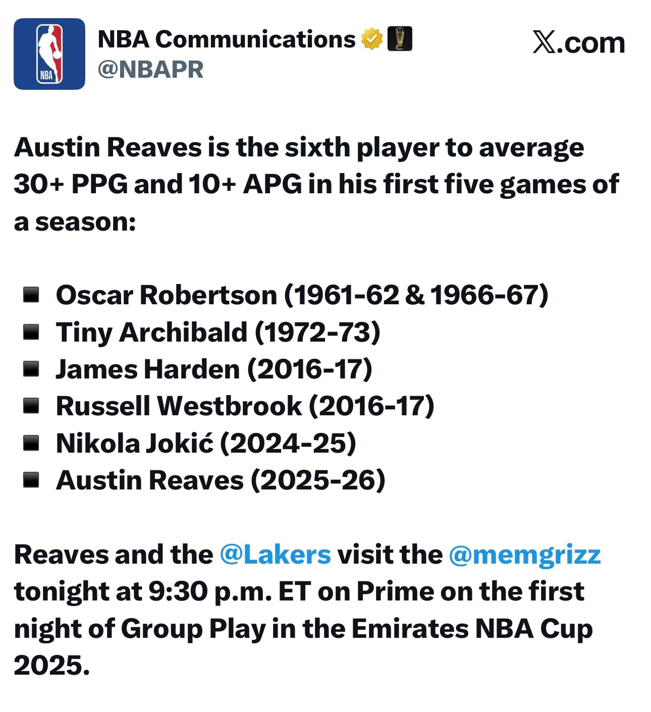 奥斯汀·里夫斯是历史上第六位在赛季前五场比赛中场均得分30+和助攻10+的球员，