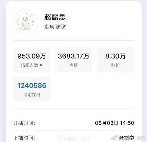 赵露思直播热度好吓人，三千多万人看过和点赞 ​​​ 还得是顶流花花 这国民度 ​