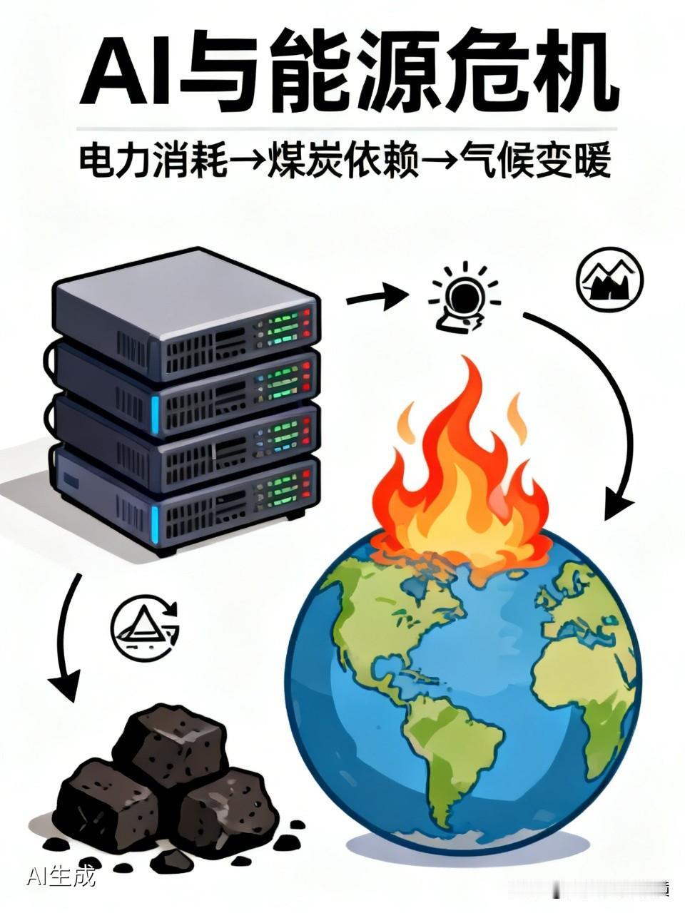 研究发现，AI加剧全球气候变暖，加速煤炭等能源枯竭。
AI运行要无以计数的服务器