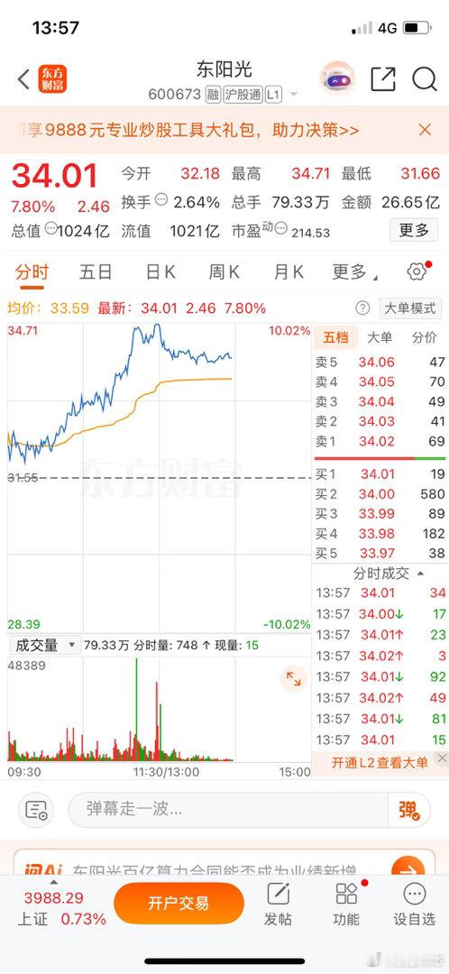 兄弟们，东阳光，我认为短线依然还会有高度，我已上车喜欢的朋友可以跟上，不喜欢就观