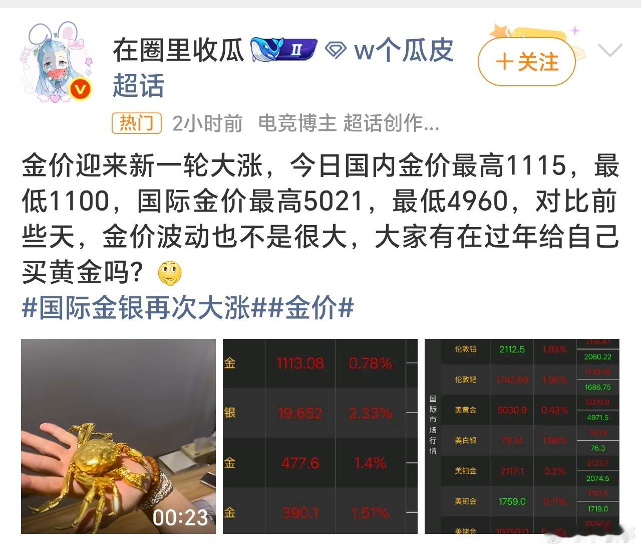 金价迎来新一轮大涨国际金价又迎来大涨，昨天不是大跌了吗？最近还是很震荡，大家觉得