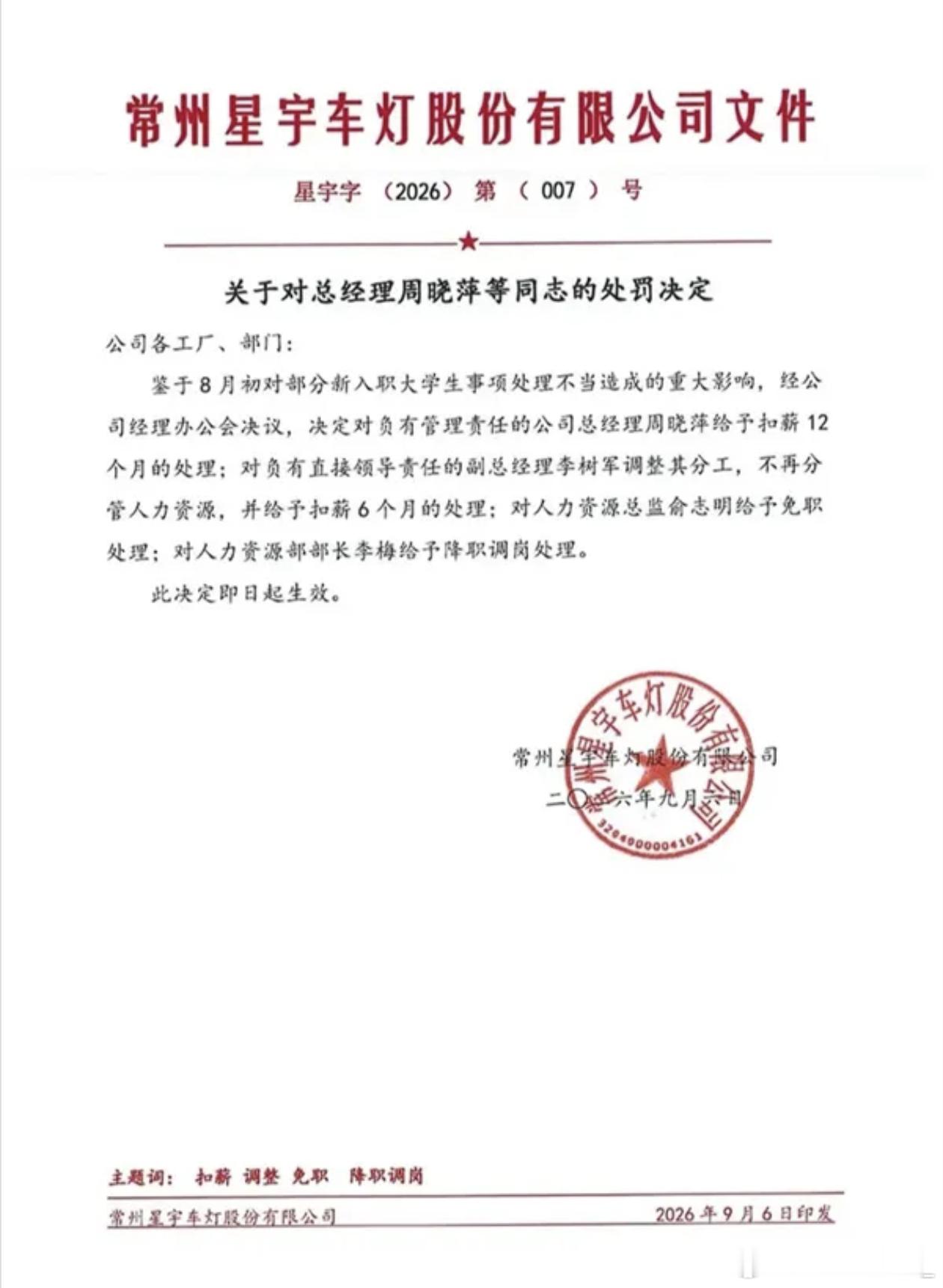 星宇车灯对此次批量劝退应届生一事的内部责任人的处罚结果出来了。决定对负有管理责任