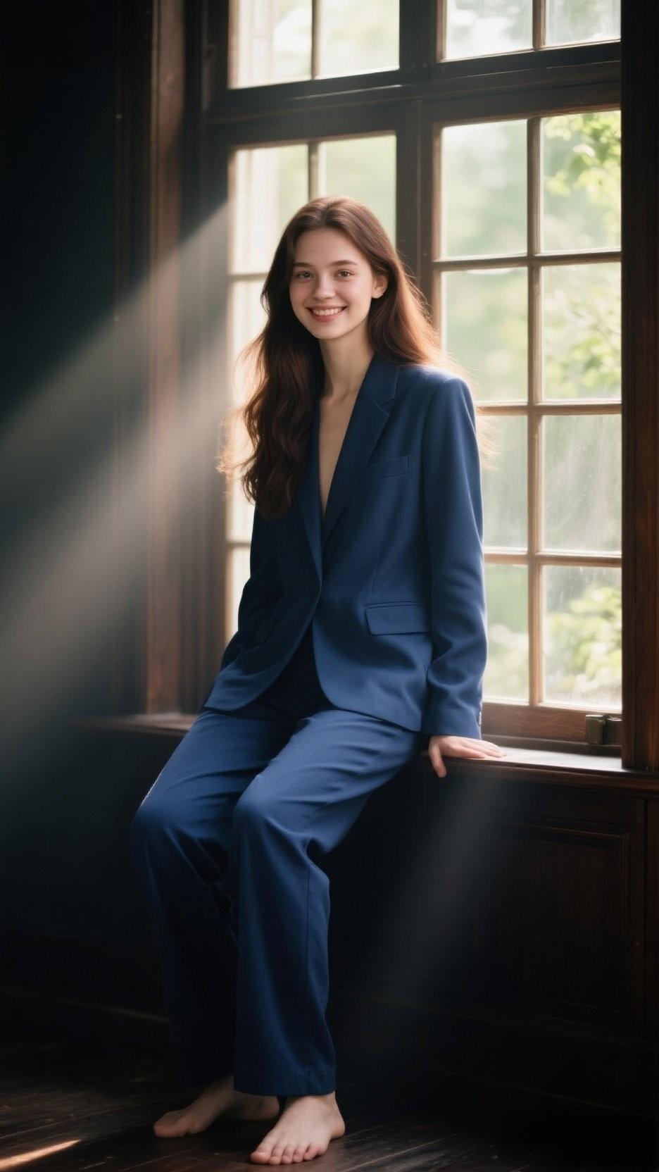 阳光洒进来的瞬间，优雅蓝西装下的自然美