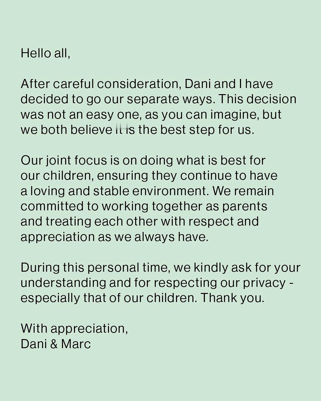 特尔施特根宣布和妻子分居：大家好, 经过仔细考虑,Dani（妻子）和我决定各走各