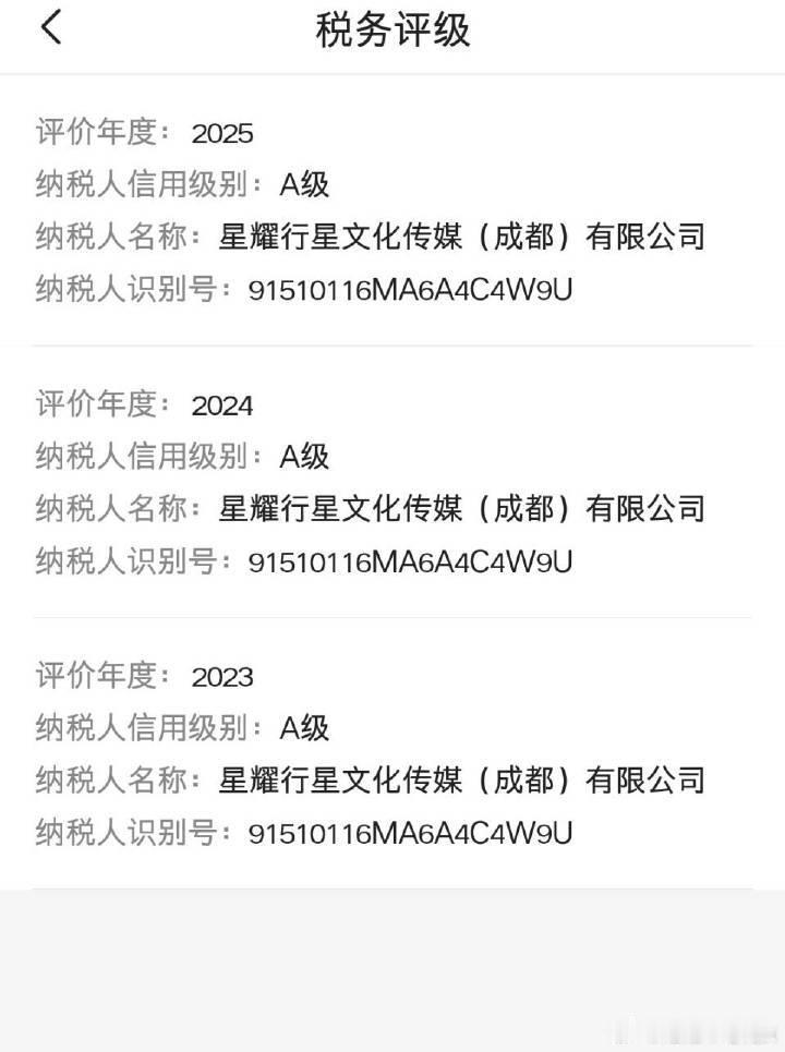 张杰工作室 2025年浙江东阳行运星影视文化有限公司纳税信用级别A  星耀行星文