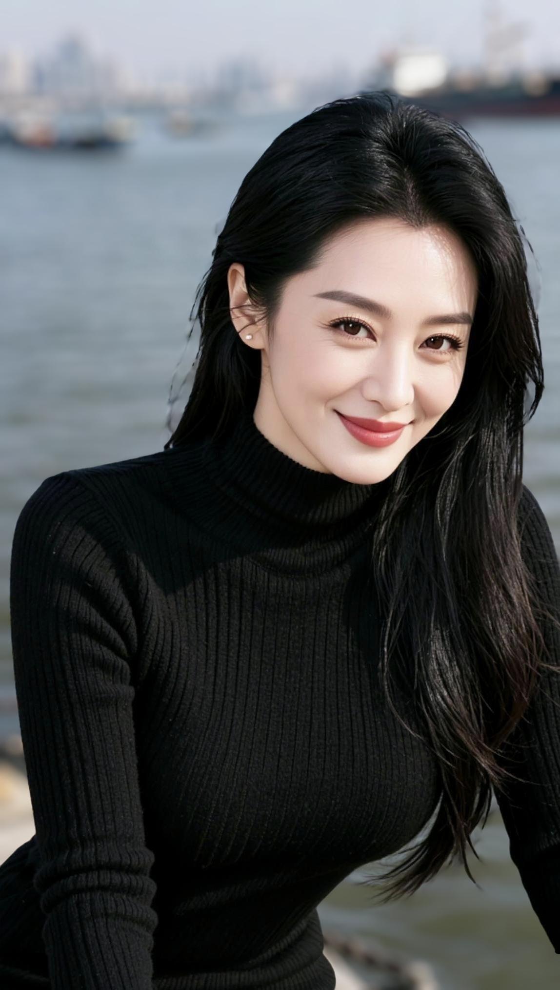 黑衣美人倚水边，笑语如花映碧波。