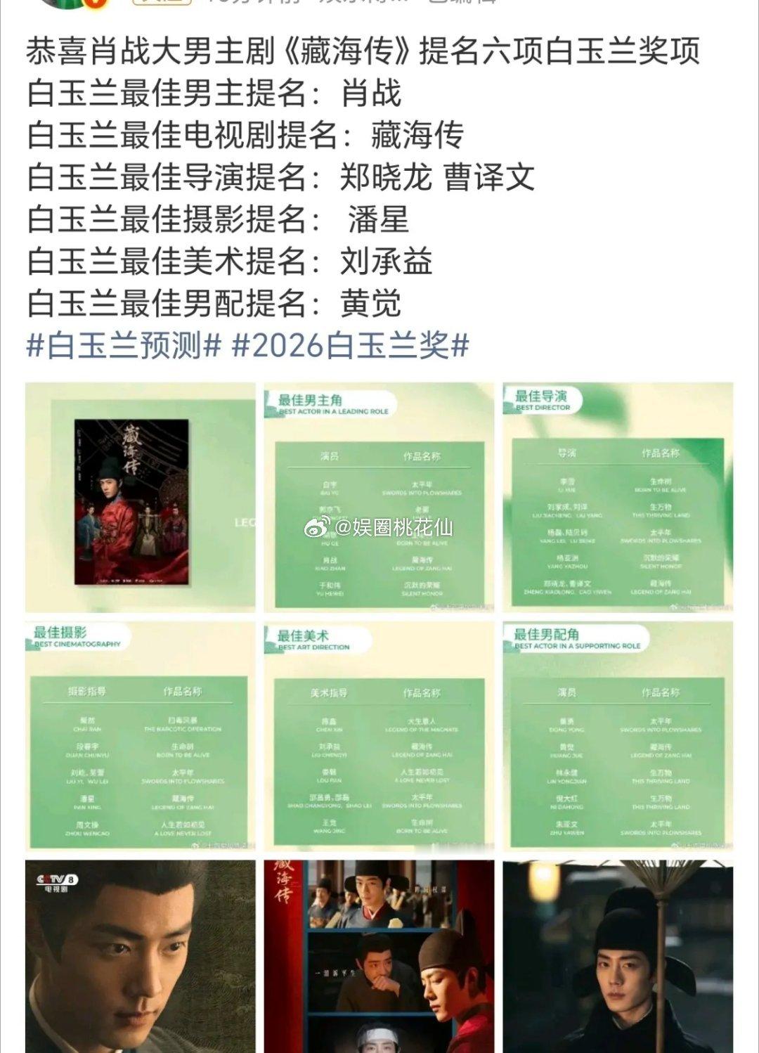 白宇和肖战双双入围，直接让白玉兰视帝赛道正式迈入90后时代。《太平年》《藏海传》