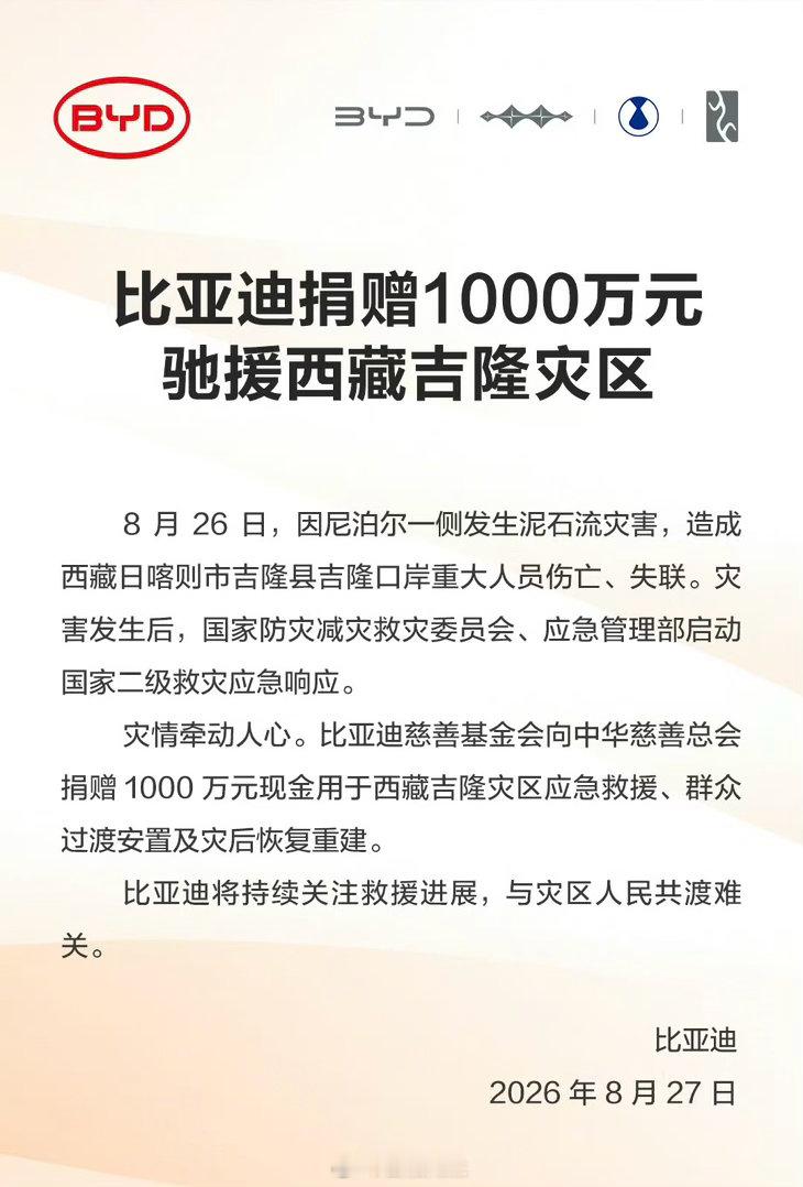 比亚迪捐赠1000万元，助力西藏吉隆灾区救援安置及灾后重建8月26日，受尼泊尔一