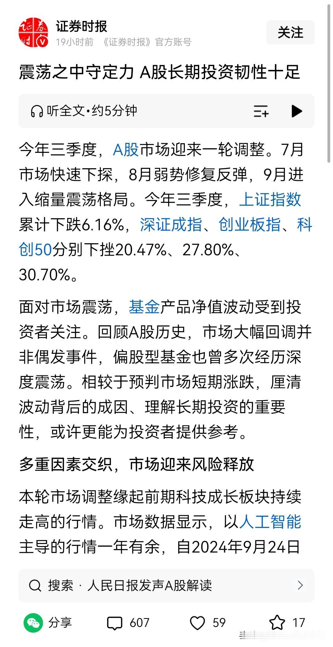 中文博大精深，大A冠绝全球。看看证券时报的发文“震荡之中守定力 A股长期投资韧性