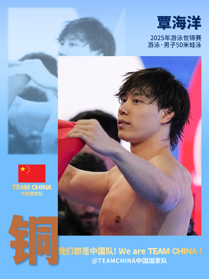#覃海洋50米蛙泳铜牌# ​​​2025年泳联世锦赛，男子50米蛙泳决赛，26秒