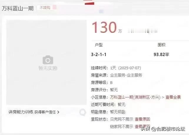 合肥滨湖万科蓝山，滨湖地理位置可以说很好的，也可以说最好的小区。前两年卖差不多四