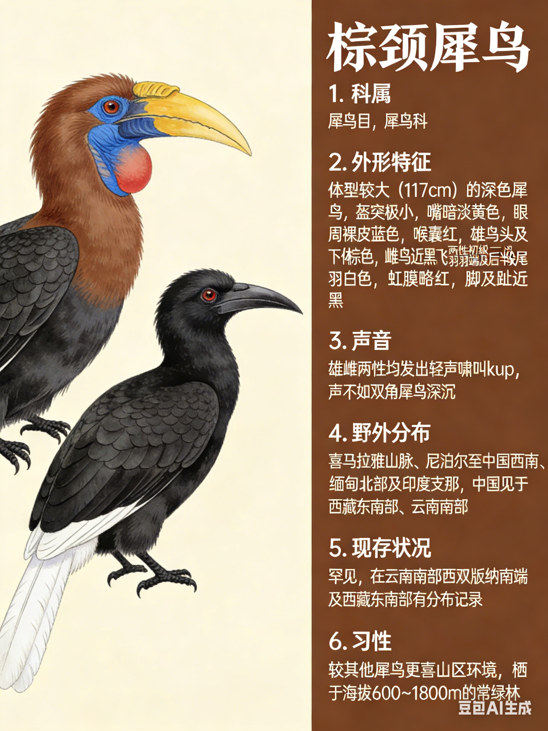 鸟类朋友图鉴 棕颈犀鸟·科属：犀鸟目，犀鸟科。·外形特征：体型较大（117cm）