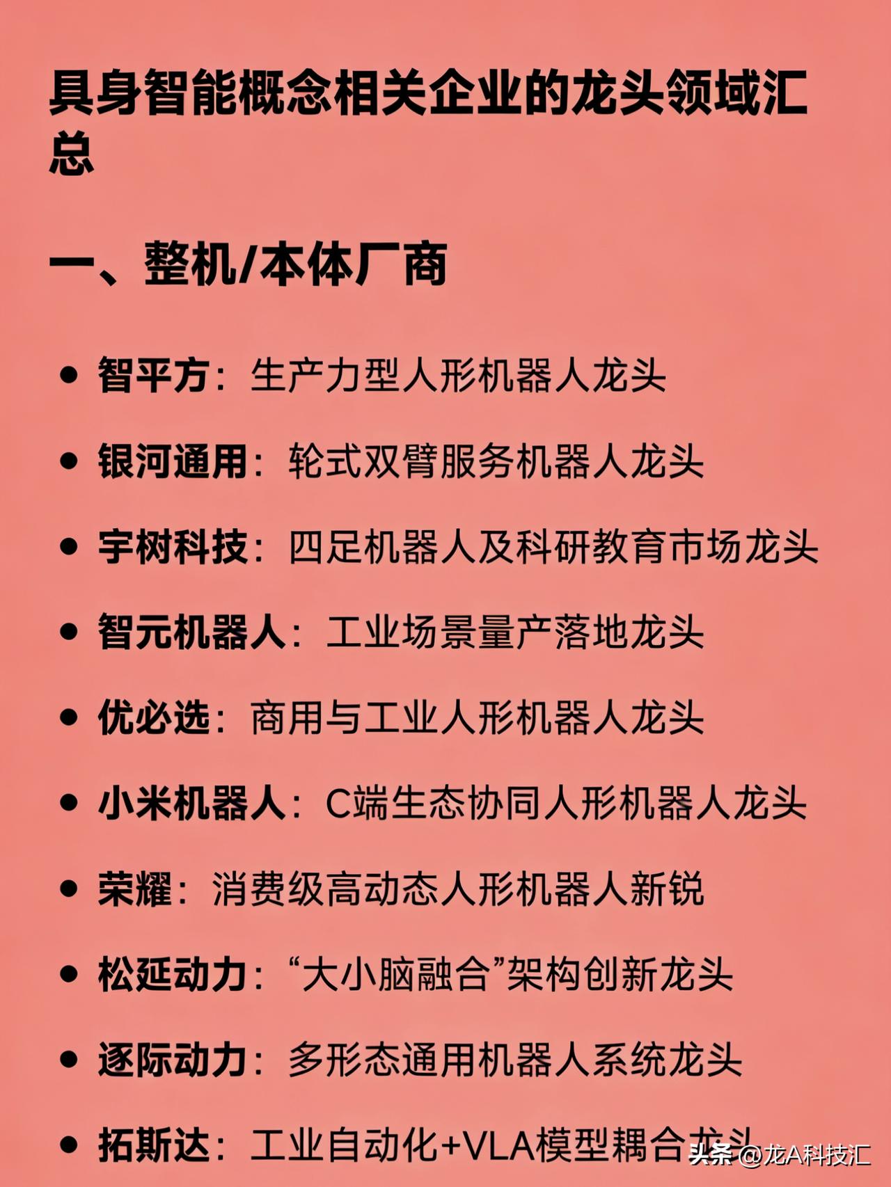 具身智能概念相关企业的龙头领域汇总

一、整机/本体厂商

智平方：生产力型人形
