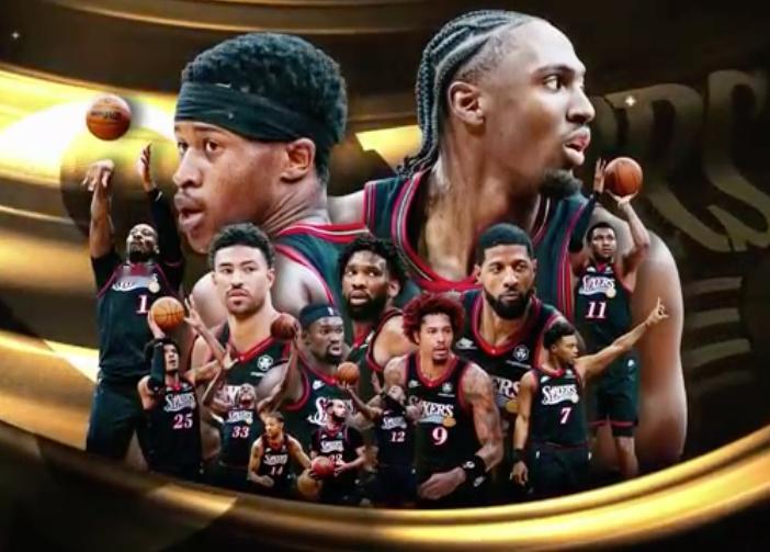 转播给到的76人海报，恩比德虽然在中间但是小的可怜啊凯尔特人vs76人