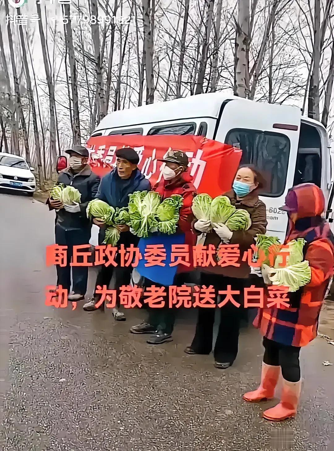 古代有千里送鹅毛礼轻人意重，现如今政协委员向孤寡老人送爱心，棵棵大白菜表真情。