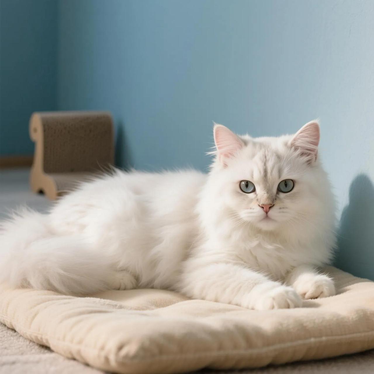 。猫咪拥有浓密的白色毛发和漂亮的蓝眼睛，正安静趴在垫子上。猫咪性格通常温顺亲人，